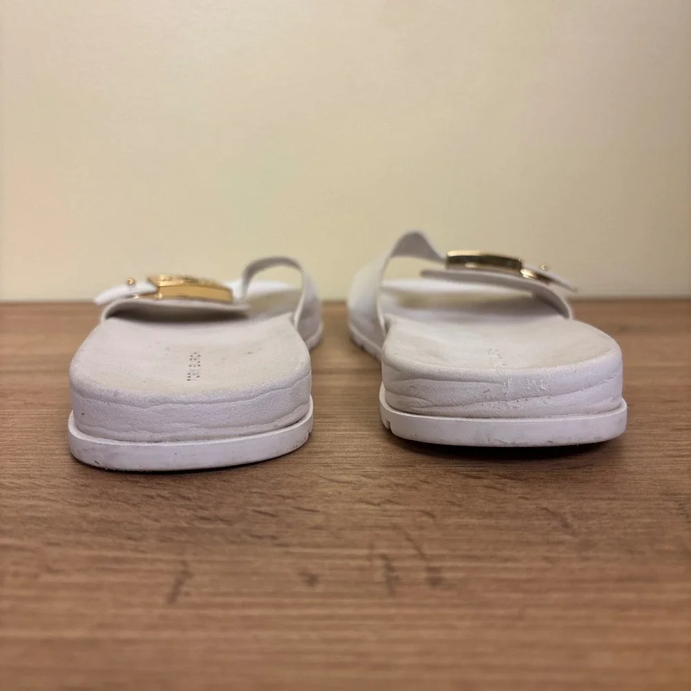 TORY BURCH Mellow Slide Sandals White Gold Metal Buckle Women Size 8 Flat Casual